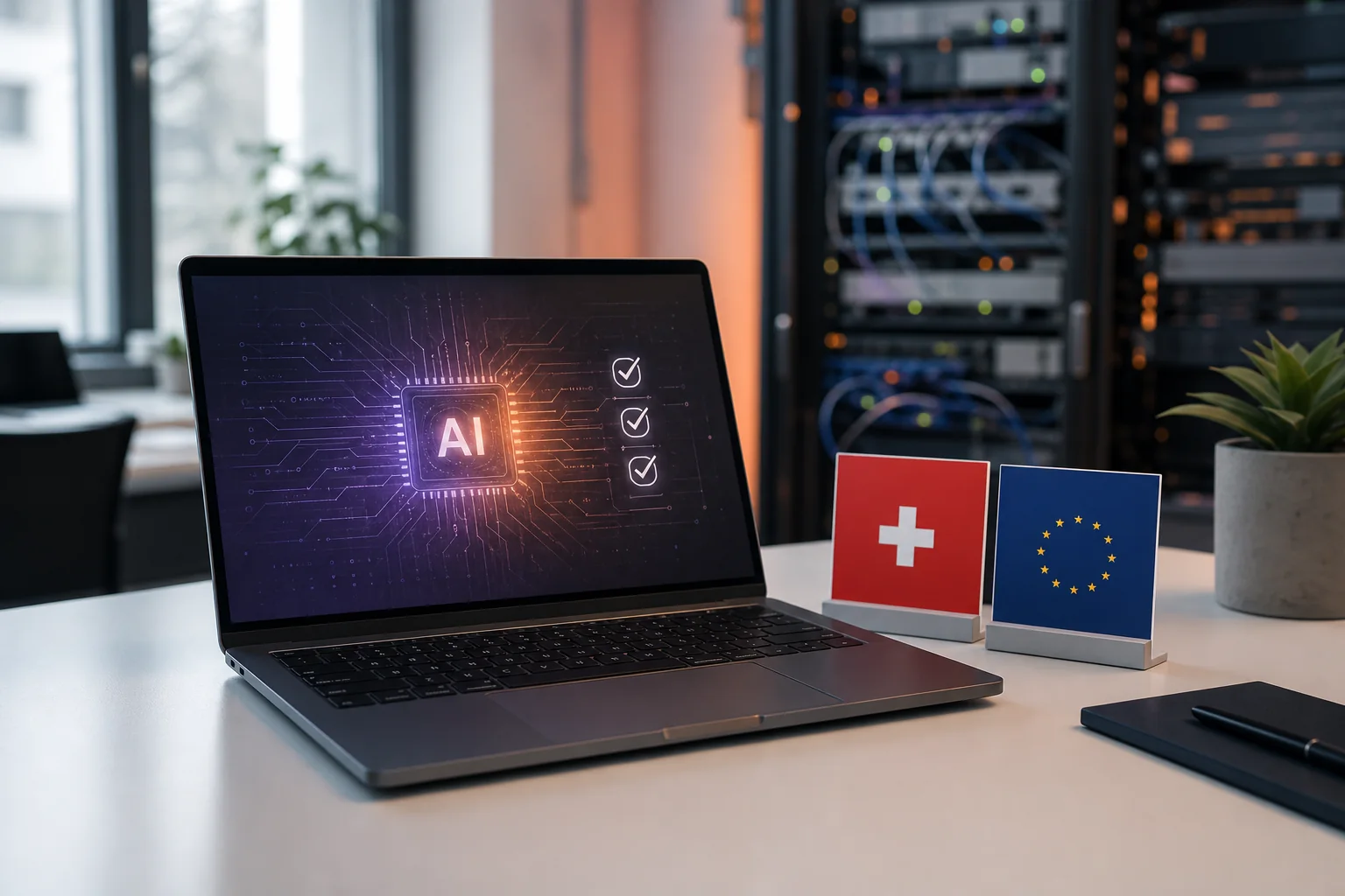 Laptop mit KI-Darstellung zwischen Symbolen der Schweiz und der Europäischen Union