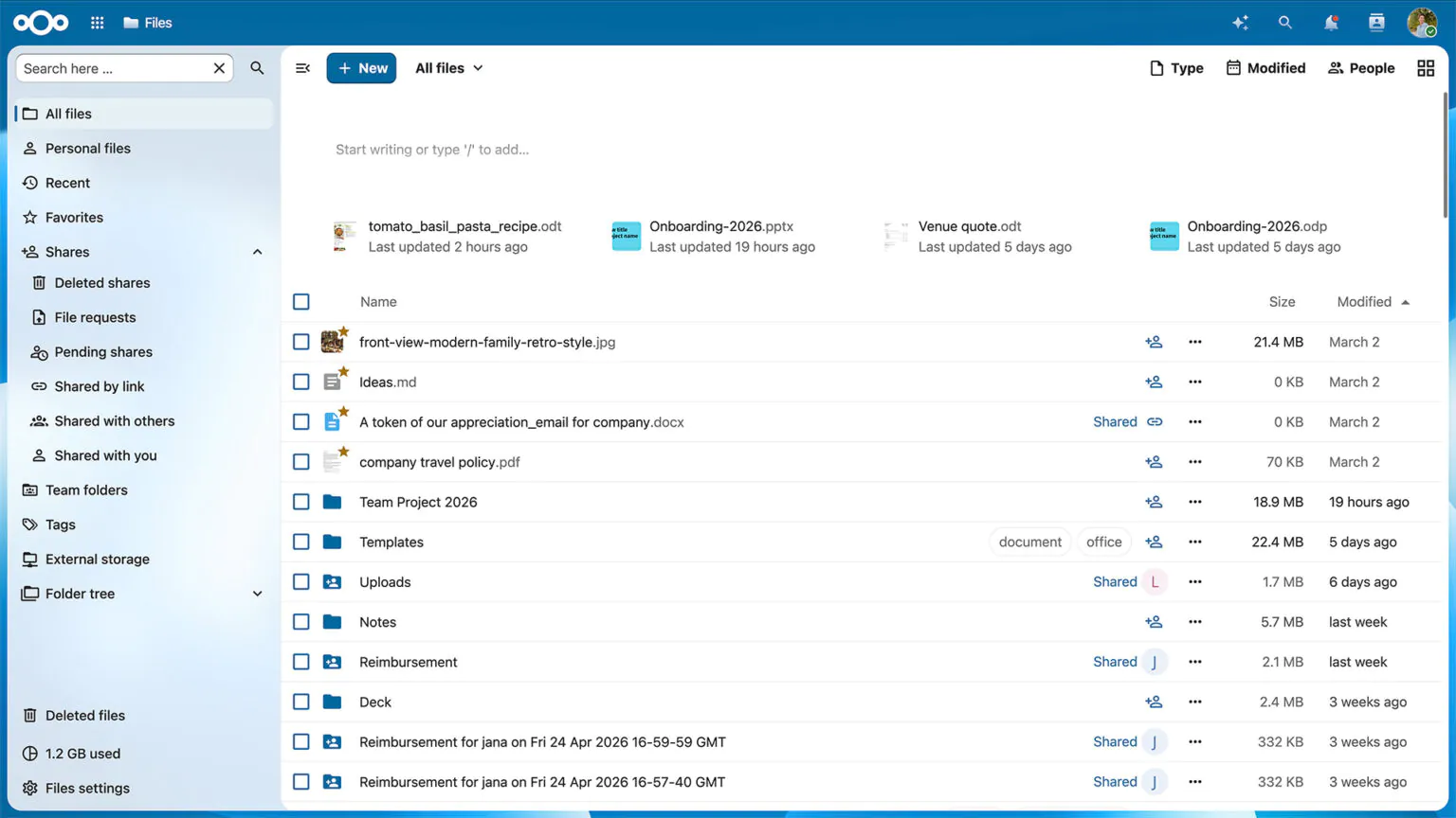 Dateiansicht der neuen Benutzeroberfläche von Nextcloud Hub 26 Spring