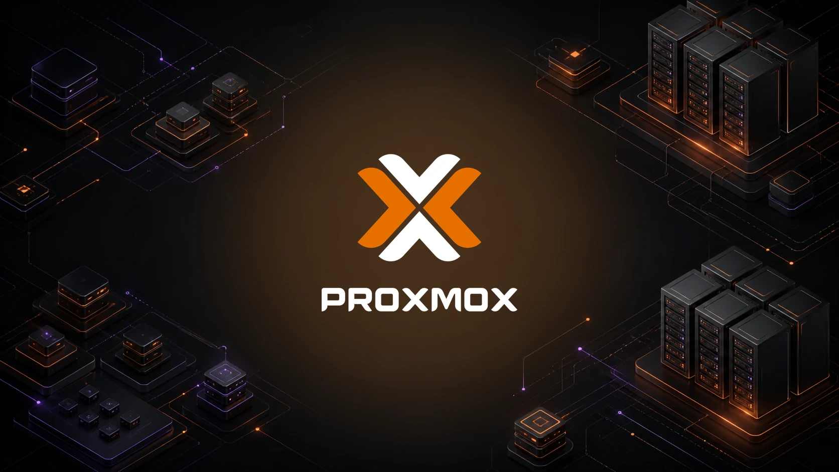 Offizielles Proxmox-Logo vor einer abstrakten Virtualisierungs- und Serverlandschaft