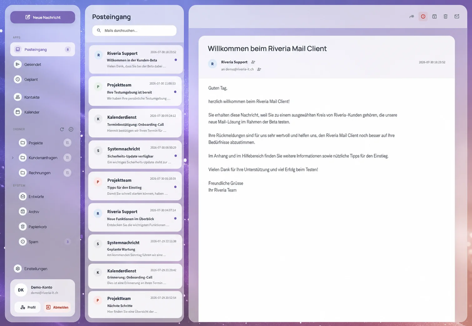 Anonymisierte Demoansicht des neuen Riveria Mail Clients