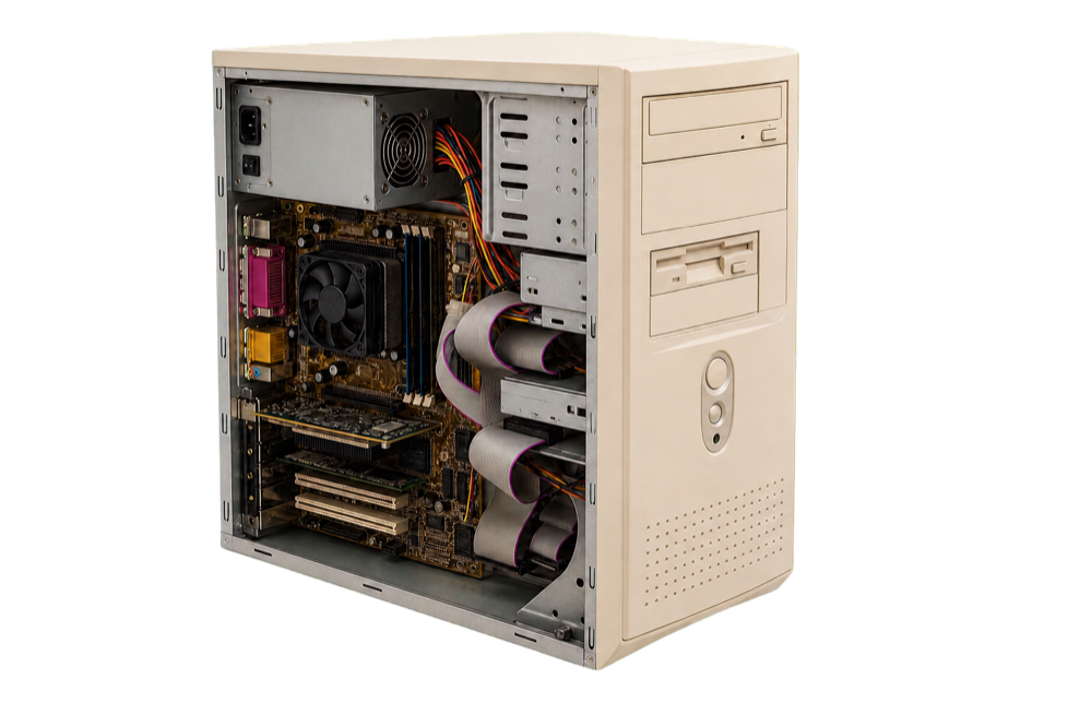 Geöffneter Retro-PC als Symbol für die Anfänge von Riveria IT Solutions