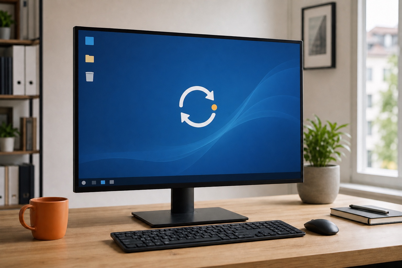 Arbeitsplatz mit Computer und neutraler Update-Anzeige